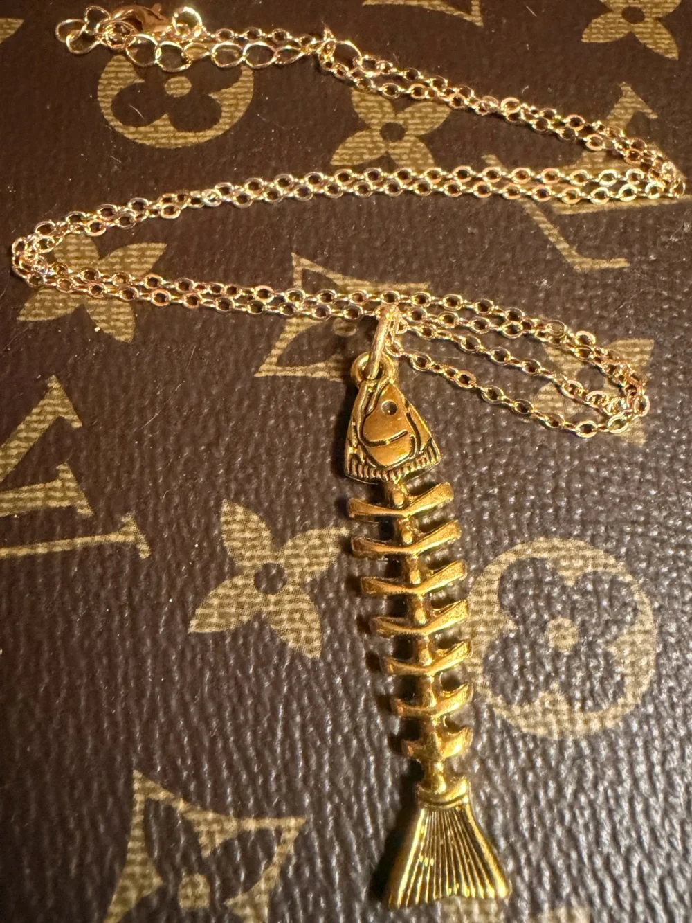 3D Gold Fishbone Pendant Necklace